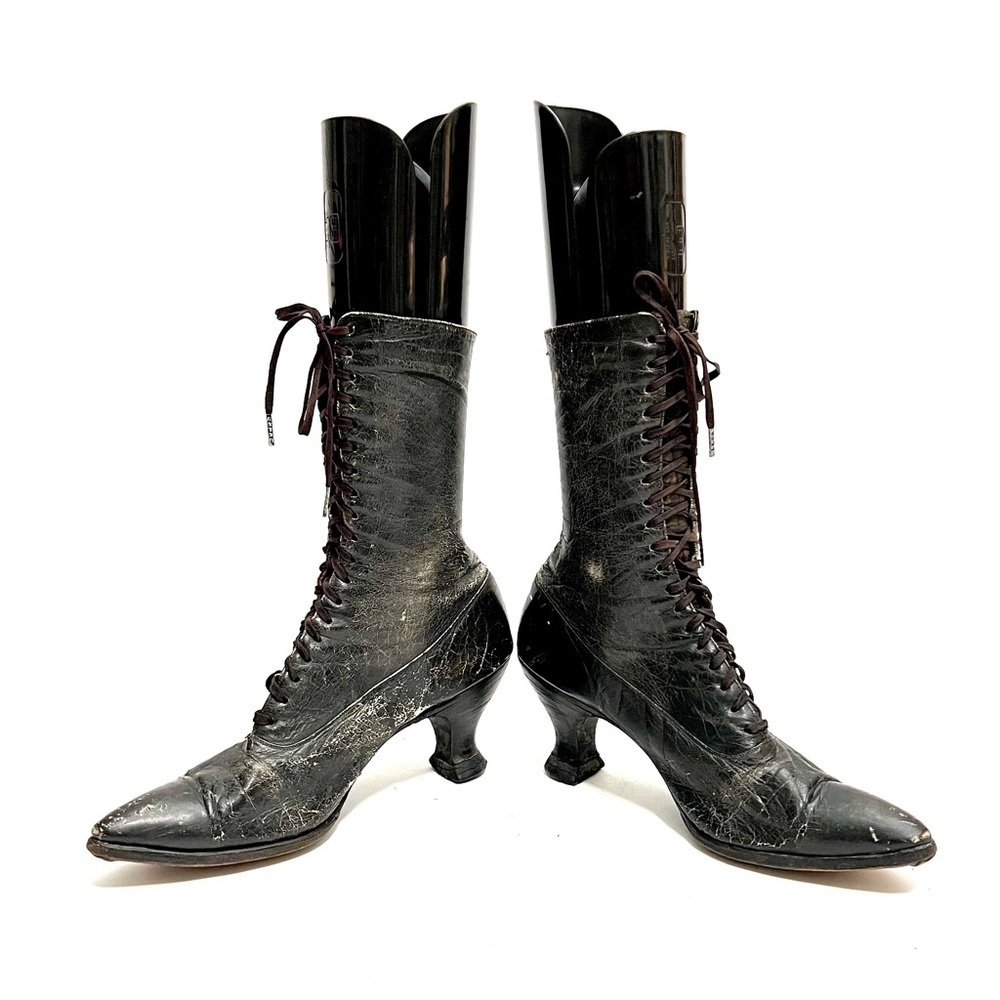 Antique 1910s vintage Edwardian black leather lace up French heel granny boots - Picture 6 of 9